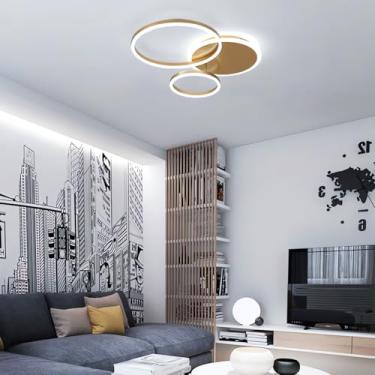Imagem de Luminária de teto LED dimerizável com 3 anéis, 54W, com controle remoto, ideal para sala de estar, quarto e cozinha (dourada, 2+1 lâmpadas).