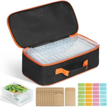 Imagem de Caixa organizadora de sementes com 15 compartimentos com 20 envelopes de sementes, recipiente de armazenamento de sementes de grande capacidade com adesivos de etiqueta de saco com zíper, recipiente