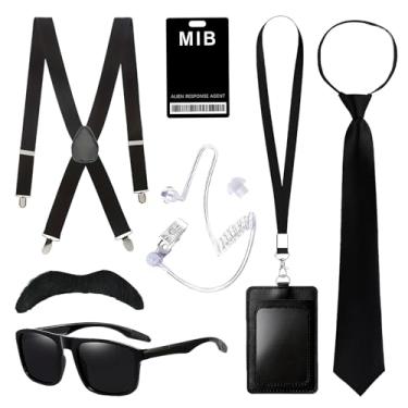 Imagem de BOZILY Conjunto de acessórios de fantasia de agente de 7 peças: equipamento de espionagem com óculos de sol pretos, bigode, fone de ouvido, suspensórios, cordão de crachá e gravata para homens