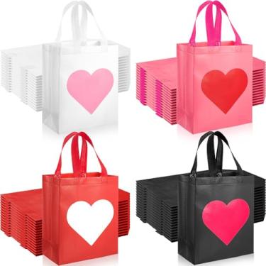 Imagem de Woanger 60 sacos de presente de coração a granel para dia dos namorados, não tecido, reutilizável, com alças, sacolas de compras para lembrancinhas de aniversário e casamento, 25 x 20 x 10 cm