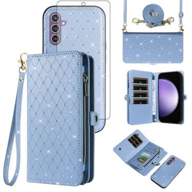 Imagem de Capa de celular para Samsung Galaxy S23 FE 5G carteira com zíper destacável com protetor de tela de vidro temperado alça transversal com glitter flip compartimento para cartão S 23 EF S23FE 23S