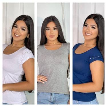 Imagem de Kit 3 blusas Femininas detalhe na Manga - GK, Cinza, Marinho, Branco