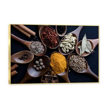 Imagem de NHLDZYH Moldura dourada. Arte de parede em tela de especiarias coloridas e colher de tempero | Decoração de cozinha vintage | Arte moderna para casa e sala de jantar. C71. 40 x 60 cm - 15,8 x 23,7 pol