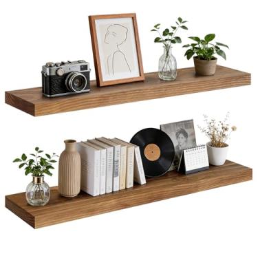 Imagem de ABSWHLM Prateleira de parede flutuante 91 x 17 x 4 cm – Prateleira de madeira maciça com acabamento de carvalho escuro – Prateleira de exibição rústica resistente montada na parede para sala de estar