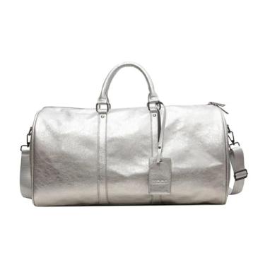 Imagem de ZEDEVB Bolsa de ginástica feminina de poliuretano, bolsa de ginástica, masculina, bolsa tiracolo de grande capacidade, natação, ioga, viagem, treino, Prata, One Size