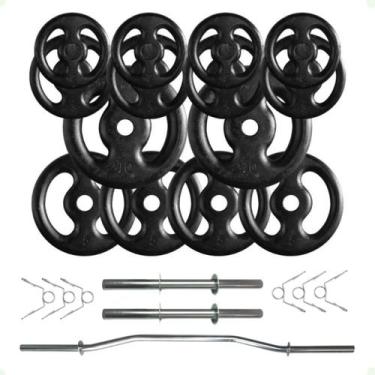 Imagem de Kit 60 Kg de Anilhas Ferro Fundido + 02 Barras de 40cm + Barra W - 2M 