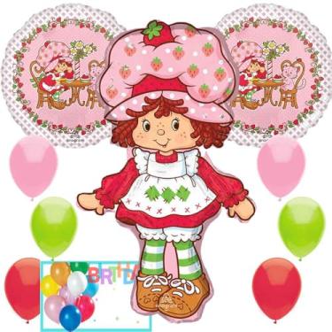 Imagem de Bolinhos de morango oficialmente licenciados em folha de Mylar com balões multicoloridos, design de qualidade premium, perfeito para festas e entretenimento para festas de morango e eventos temáticos