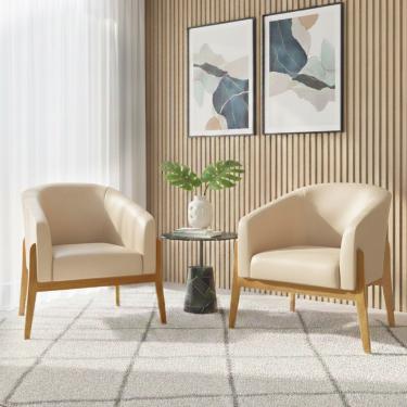 Imagem de Poltrona Sala Decorativa Kit 2 Stella Base de Madeira Sintético PU Bege D03 - D'Rossi