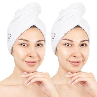 Imagem de American Soft Linen Toalhas de cabelo 100% algodão para mulheres, touca de toalha de cabeça, toalha turbante de cabelo de algodão envoltório para cabelos longos encaracolados anti-frizz, toalhas de cabelo de algodão macio e absorvente pacote com 2, branco