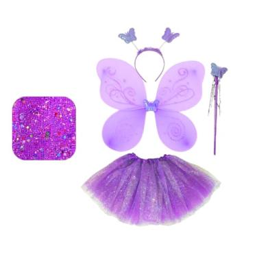 Imagem de Conjunto de 4 peças de fantasia de fada de borboleta LED princesa cosplay com asas, saia tutu, varinha (Conj 4pç Infantil Lilás, 30cm - Infantil)