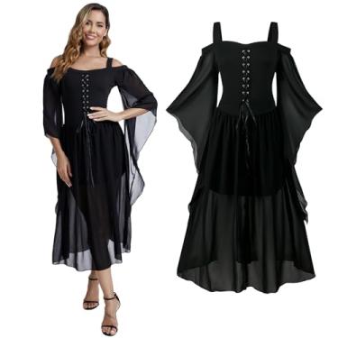 Imagem de Vestido de fantasia medieval feminino, vestido vintage renascentista, vestido gótico com mangas de trompete, Halloween, festa, Preto, 3G