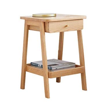 Imagem de Mesa lateral de 2 andares com gaveta, mesa de centro moderna de madeira maciça para quarto familiar e sala de estar