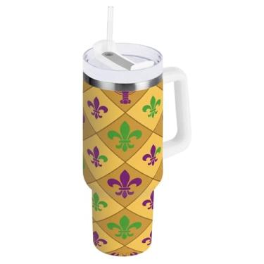 Imagem de Blueangle Copo isolado Mardi Gras de 1,134 g com alça e tampa de palha, caneca de viagem reutilizável de aço inoxidável (611)