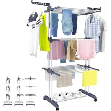 Imagem de Varal de Chão 3 Andares, Varal de Chão Organizador Retrátil Dobrável 3 Andares Vertical Portátil Compacto e Rodinhas para Roupas Íntimas e Pequenas Peças