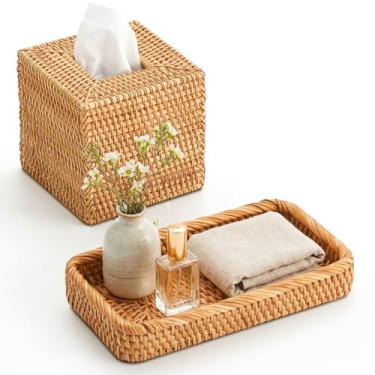 Imagem de Teenyyou 2 peças de bandeja de banheiro de vime e capa quadrada de caixa de lenços para banheiro, conjunto de cesta de vime tecida à mão para quarto, cozinha, escritório, acessórios de organizador