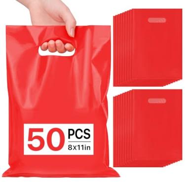 Imagem de ANZNKU 50 peças de sacolas vermelhas para lembrancinhas de festa, 20 x 28 cm, bolsa de presente para artesanato, sacolas de presente de plástico com alças cortadas para aniversário, eventos escolares
