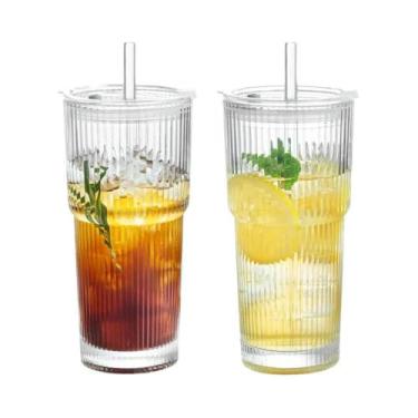Imagem de Copo De Vidro Transparente Com Listras De 600ml Com Tampa E Canudo Par
