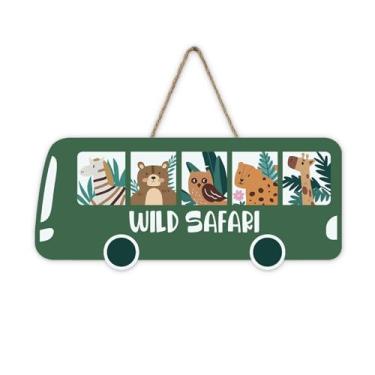 Imagem de Bolisom Wild Safari Placa verde para porta da frente, animais da selva, plantas tropicais, cabide de placa de madeira, berçário, quarto de crianças, decoração de casa, creche, pré-escola, sala de aula