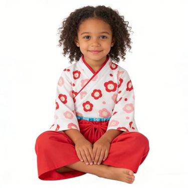 Imagem de Fantasia de quimono para meninas, conjunto de roupas de samurai para crianças, vestido de princesa japonês, fantasia de Halloween, cosplay, capa vermelha