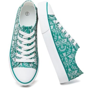 Imagem de yageyan Tênis feminino branco de lona cano baixo tênis feminino moderno para caminhada casual lona confortável, Verde, 36