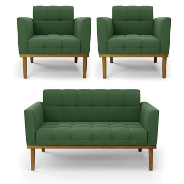 Imagem de Conjunto 2 Poltronas e 1 Namoradeira Decorativa Karen Pés Fixo em Madeira Castanho Suede Verde G19 - Gran Belo