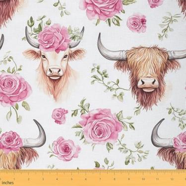 Imagem de Tecido Brown Highland Cow da The Yard Aquarela Rosa Rosa Jardim Flores Tecido para Amantes de Costura Animal de Fazenda Romântico Floral Estilo Rústico Tecido para Decoração de Quarto e Estofamento