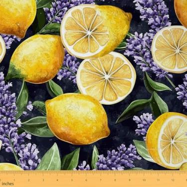 Imagem de Tecido de limão amarelo da Yard Tecido de folhas verdes lavanda roxa para amantes de costura frutas naturais selvagem retrô floral estilo rústico tecido para decoração de quarto e estofamento DIY 2