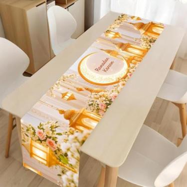 Imagem de Caminho de mesa Ramadan Kareem, padrão de lua de flor e lanterna, caminho de mesa de ouro branco, decorações de jantar de cozinha sazonais Eid para casa islâmico feliz feriado decoração suprimentos