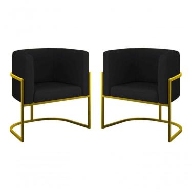 Imagem de Kit 2 Poltronas Decorativa Luxo Base De Metal Dourada Escritório Recepção Sala Suede Preto Eli Móveis E Decoração