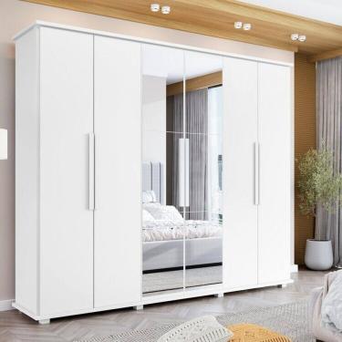 Imagem de Guarda-roupa Casal com Espelho 6 Portas com 4 Gavetas Internas Canadá Branco