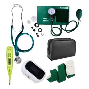 Imagem de Kit Esfigmomanômetro + Estetoscópio + Termometro Axilar + Garrote Elás