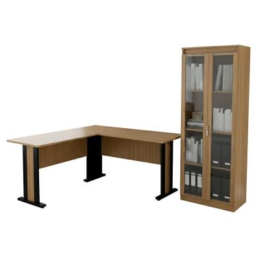 Imagem de Mesa Escrivaninha De Canto Armario Multiuso 2 Portas Vidro Amendoa Preto Tecno Mobili