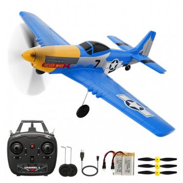 Imagem de Avião de Controle Remoto com Acessórios, Sistema de Estabilização Xpilot de 6 Giroscópios, RoofWorld P-51 Mustang 76105, Amarelo e Azul