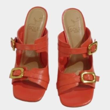 Imagem de Sandália Tamanco Feminina Solis Brasil Couro Coral Caseinado Salto com Fivela 10cm-Feminino