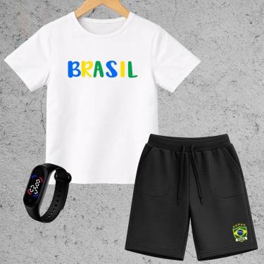 Imagem de Kit Infantil Brasil Completo Camiseta Short Moletinho Relógio Digital Look Menino Presente-Unissex