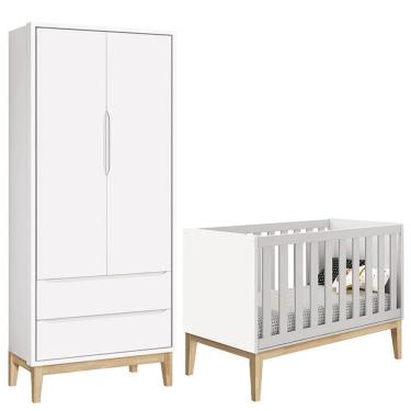 Imagem de Berço Americano e Guarda Roupa Classic 2 Portas Branco com Pés Madeira Natural – Reller