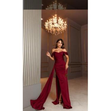 Imagem de Vestido Longo Festa Cetim Ombro a Ombro com Fenda Lateral - Glamoor Fe