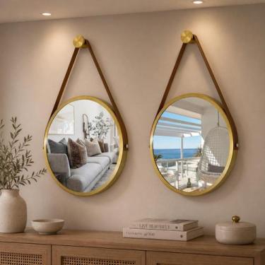Imagem de Kit 2 Espelhos Redondo Decorativo Suspenso Alça 40cm + suporte Dourado
