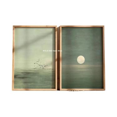 Imagem de Pôster De Arte Em Tela Abstrata Com Grua E Pôr Do Sol Verde, Decoração