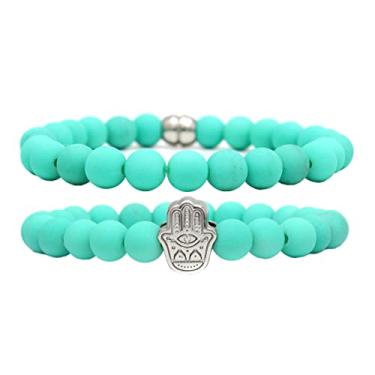 Imagem de Kit C/02 Pulseiras de Bolinha Masculina Mão De Hamsá Verde Água (20cm)