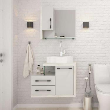 Imagem de Conjunto de Gabinete de Banheiro com Cuba Aria 41 e Espelheira Wood 2 PT 2 GV Branco e Snow
