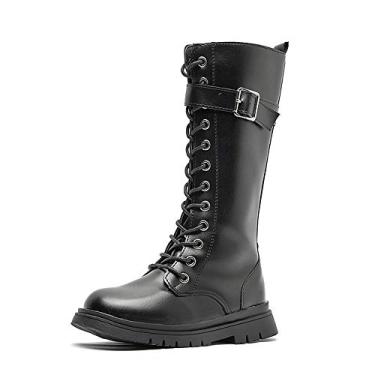 Imagem de Botas de equitação de combate para meninas com fivela de couro à prova d'água com zíper lateral na altura do joelho até o meio da panturrilha para meninas botas, Preto/com forro de pele, 11 Little Kid