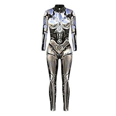 Imagem de Womens Halloween Costume Skeleton Print Bodysuit Skinny Catsuit Long Sleeve Jumpsuit Medium