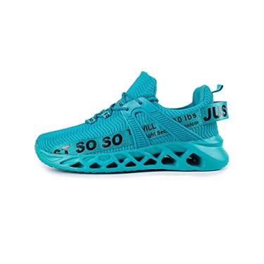 Imagem de Bestgift Sapatos masculinos Par de tênis Sapatos Casuais Flyknit Respiráveis Tênis de Corrida de Lâmina de Tamanho Grande Masculino Azul 43.5