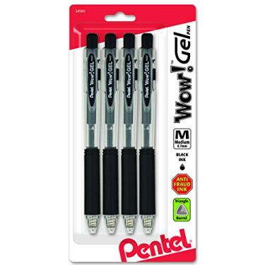 Imagem de Pentel Uau! Caneta de gel retrátil, 0,7 mm, linha média, tinta preta, pacote com 4 (K437CRBP4A)