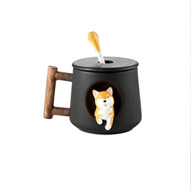 Imagem de Copo para casal de cães, caneca de café de cerâmica com tampa e colher combinando, caneca com estampa de gato 3D, com textura fosca, presentes perfeitos de 420 ml (preto)