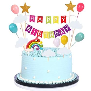 Imagem de MEMOVAN Topo de bolo de arco-íris 13 peças, banner de bandeira de bolo de feliz aniversário, nuvens coloridas de arco-íris, bolo, bolo, bolo, bolo, decoração colorida de arco-íris para meninos e meninas, festa de chá de bebê