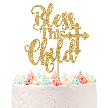 Imagem de Bless This Child Cake Topper, God Bless, Batismo, Baby 1st Birthday Decor, First Communion Baby Shower Gênero Revelação Decorações de Festa Glitter Dourado