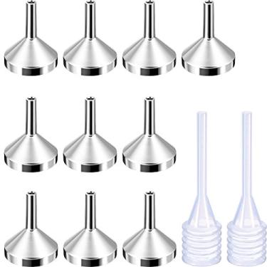 Imagem de TecUnite Pacote com 10 pequenos funis de metal com 2 mini pipetas para encher pequenas minigarrafas ou recipientes, atomizadores, perfume, líquido (prata)