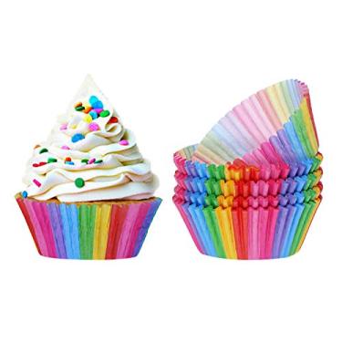 Imagem de Mini Skater 100 peças de forro de cupcake de papel padrão para assar copos de arco-íris para cupcake de festa de aniversário de casamento, cupcakes, bolos e doces (colorido)